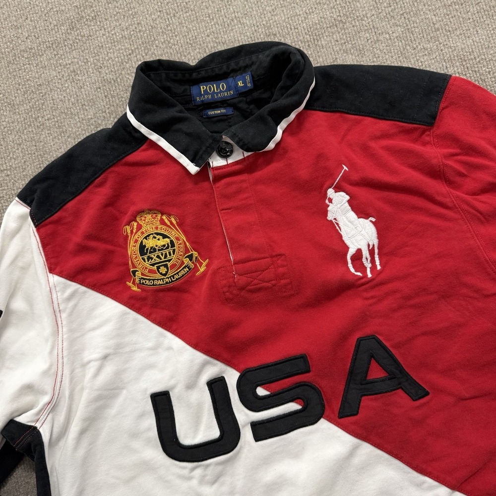 Polo Ralph Lauren Rugby Shirt Men's XL Red USA Big Pony Crest #3 Custom Fit